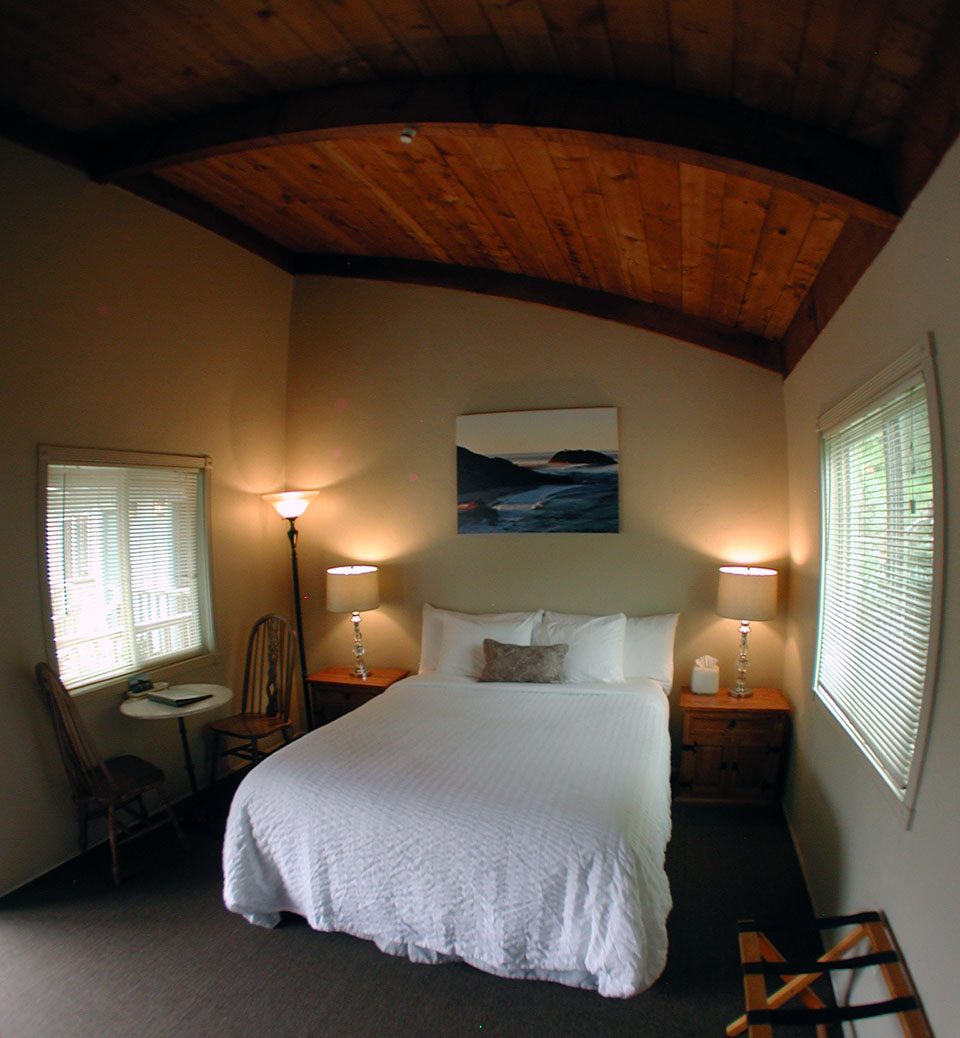 Mountain view room at Lucia Lodge with queen bed and coastal artwork